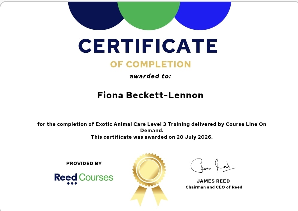 Certificate of Completion — Exotic Animal Care Level 3 Training