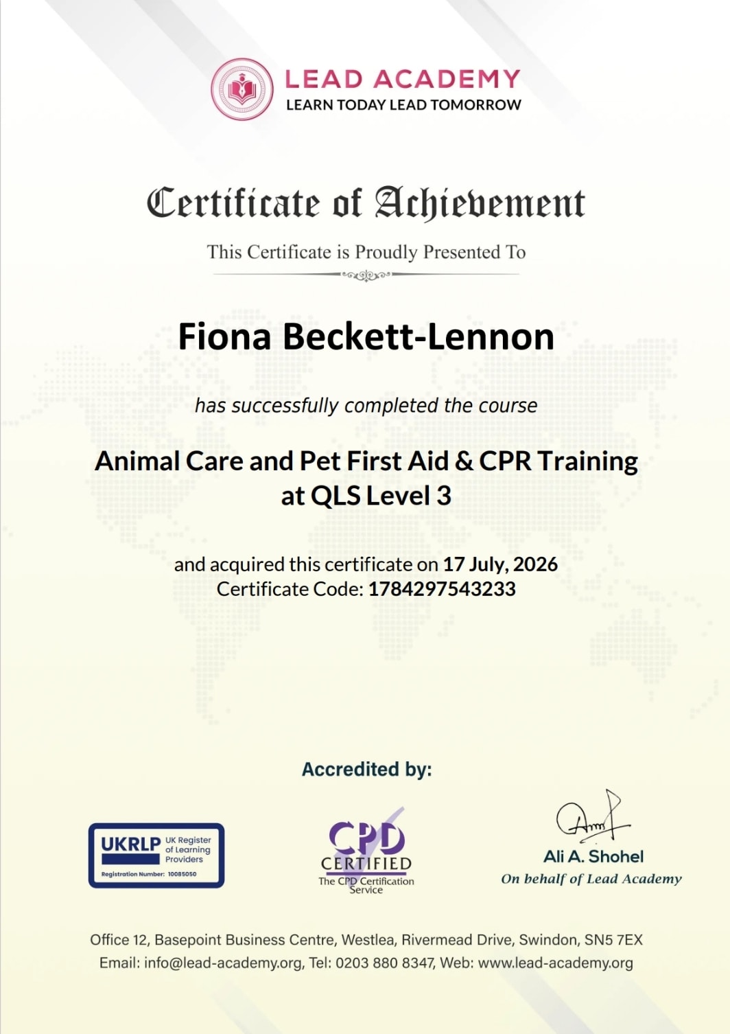Certificate of Achievement — Animal Care and Pet First Aid & CPR Training at QLS Level 3